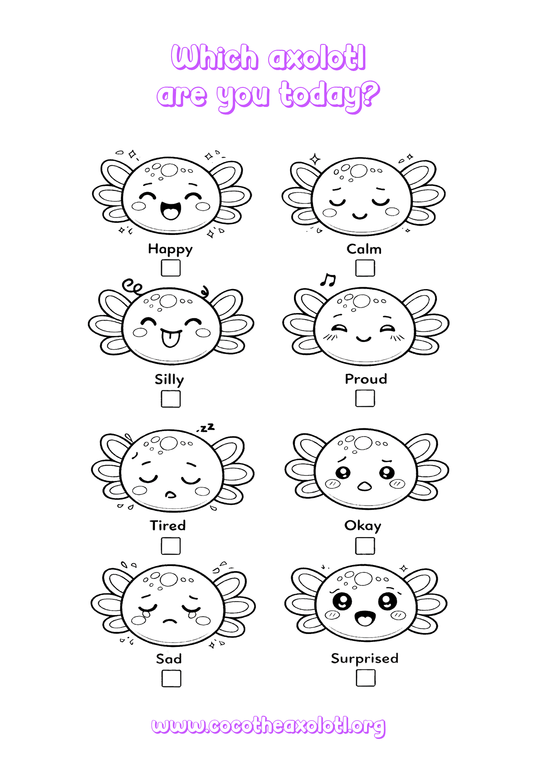 Which axolotl are you today - emotions coloring page