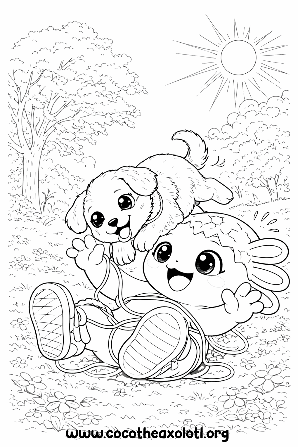 Puppy coloring page - Coco the Axolotl playing with a puppy