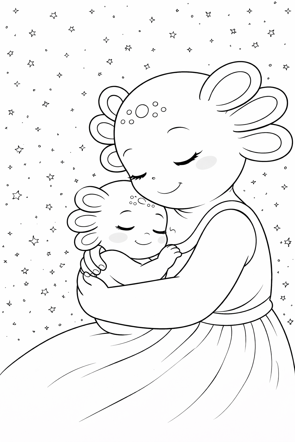I Love You More free coloring page - mother and baby axolotl under the stars