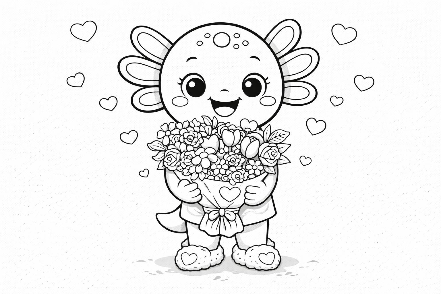 Valentine coloring page - Coco the Axolotl holding a flower bouquet