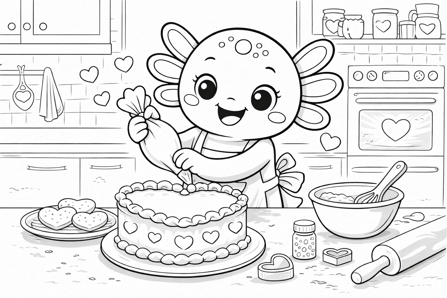 Valentine coloring page - Coco the Axolotl baking a heart cake with cookies