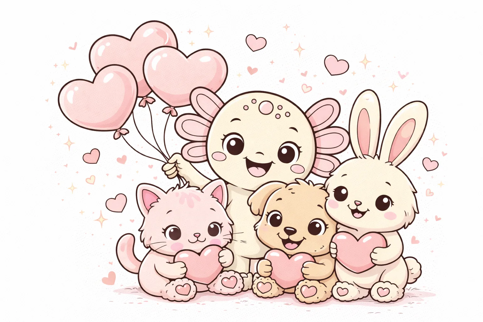 Valentine's Day coloring page sample - Coco the Axolotl with friends, colored version