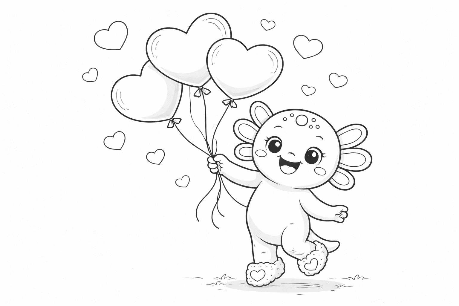 Valentine coloring page - Coco the Axolotl floating with heart balloons